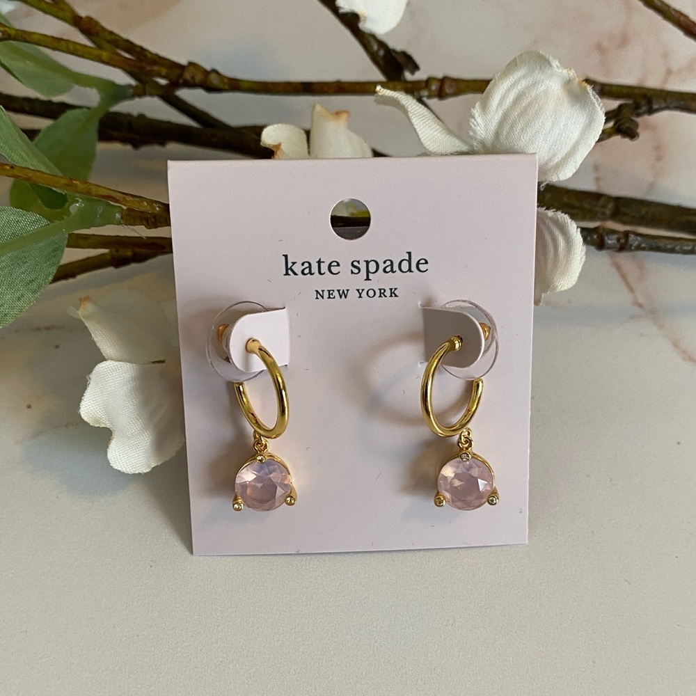 KATE SPADE NWT Pink Opal Rise and Shine Drop Huggie Earrings Gold